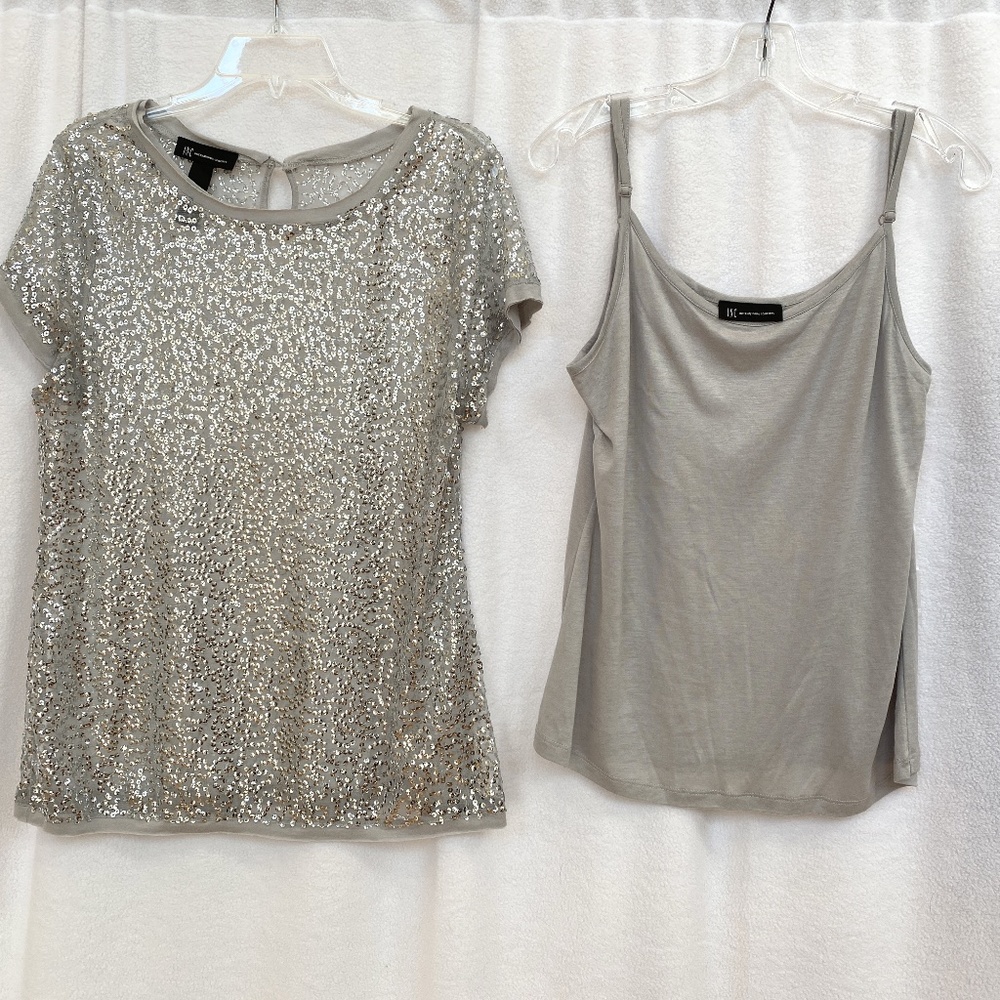 INC International Concepts Light Gray Sequins Tee with Tank, Size XL